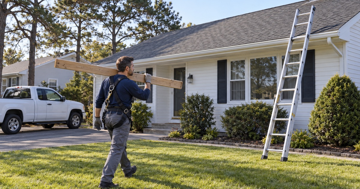 A roofer carrying a toe board plank across a front lawn toward a ladder at the start of a roofing day in Brick Township.