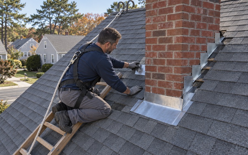 Step flashing woven into the shingles beside a brick chimney on a Brick Township cape.
