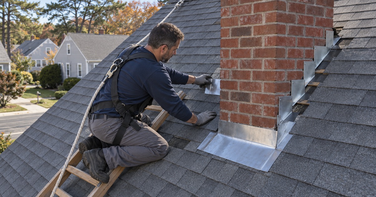 Step flashing woven into the shingles beside a brick chimney on a Brick Township cape.