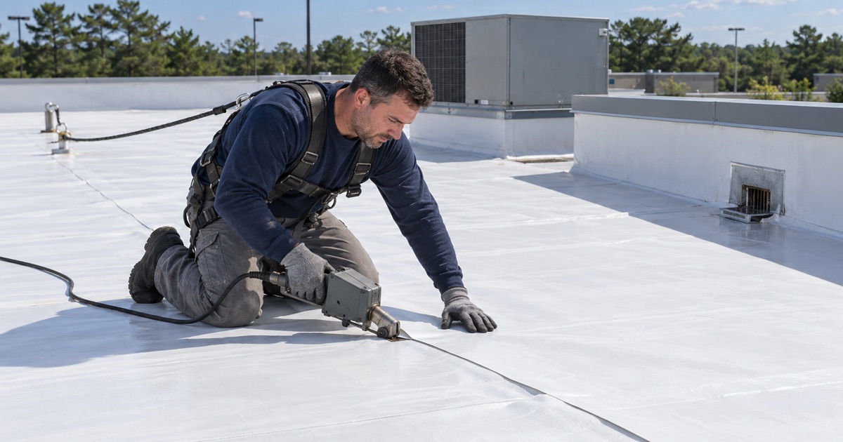 A hot-air welder sealing a membrane seam on the flat roof of a one-story retail strip in Brick Township.