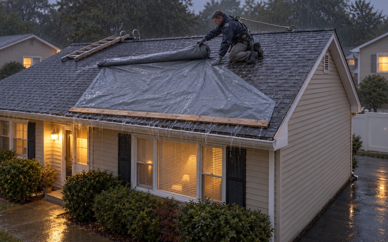 A roofer pulling a heavy tarp over the ridge of a storm-damaged ranch in Brick Township during the rain.