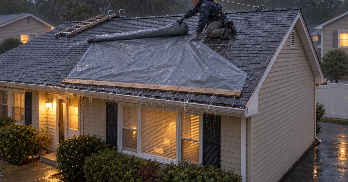 A roofer pulling a heavy tarp over the ridge of a storm-damaged ranch in Brick Township during the rain.