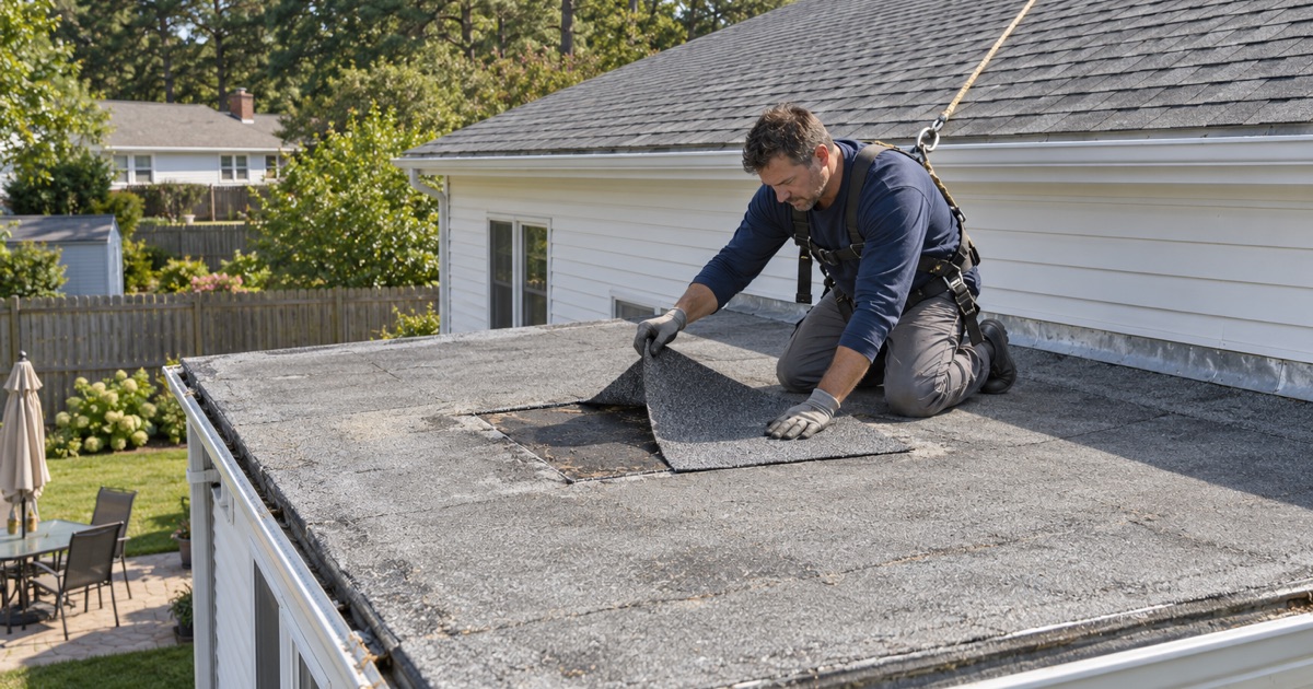 A modified bitumen patch pressed over a blister on the flat roof of a rear addition in Brick Township.