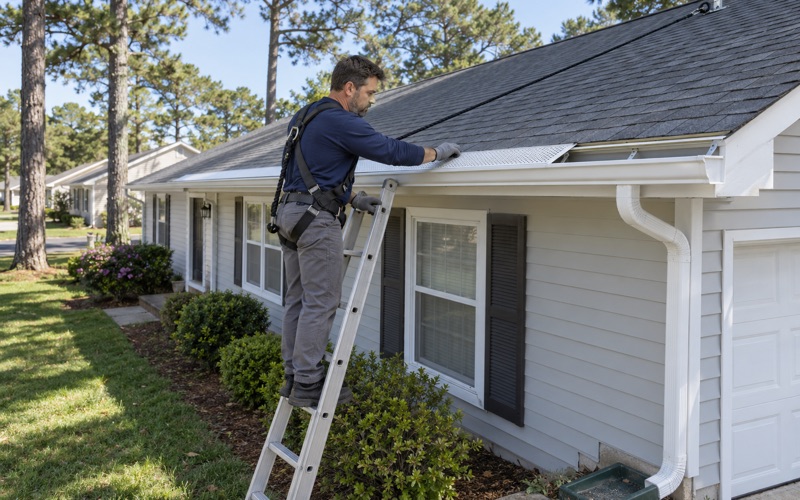 A roofer snapping a gutter guard onto a new seamless gutter on a Brick Township ranch under pitch pines.