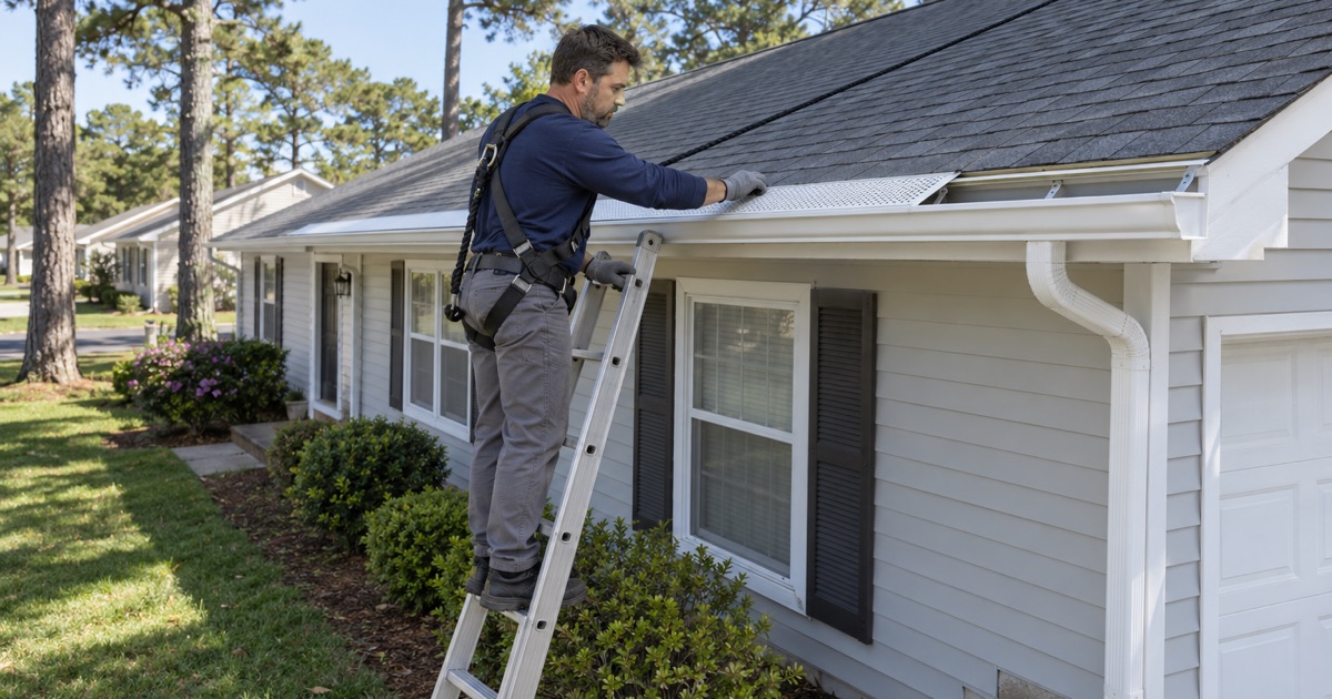 A roofer snapping a gutter guard onto a new seamless gutter on a Brick Township ranch under pitch pines.