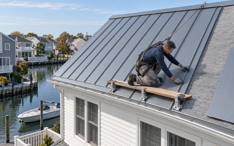 Galvalume standing-seam metal panels going onto the roof of a lagoon house in Brick Township.