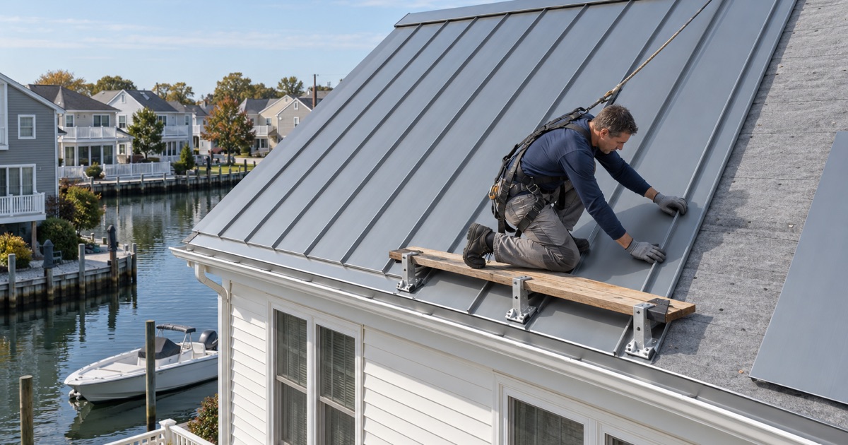 Galvalume standing-seam metal panels going onto the roof of a lagoon house in Brick Township.