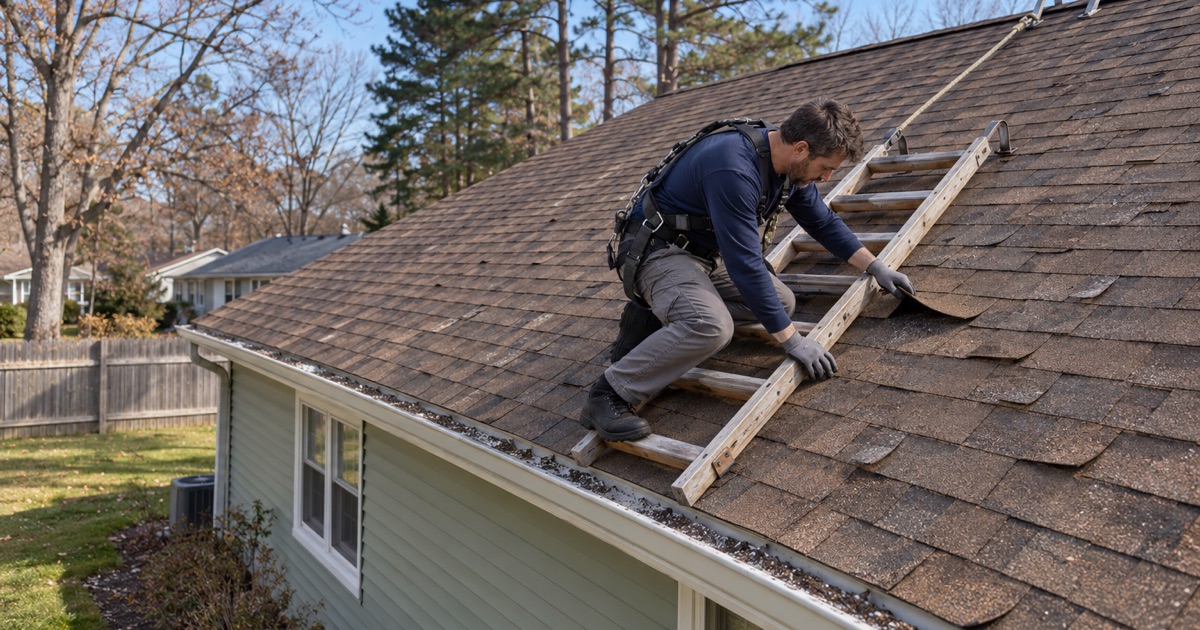 A roofer lifting the curled corner of an aging shingle to inspect the roof of a Brick Township ranch.