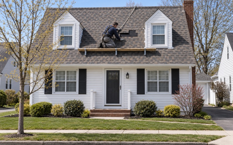 A roofer sliding a replacement shingle into place on the front slope of a Brick Township cape.