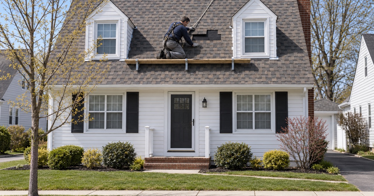 A roofer sliding a replacement shingle into place on the front slope of a Brick Township cape.
