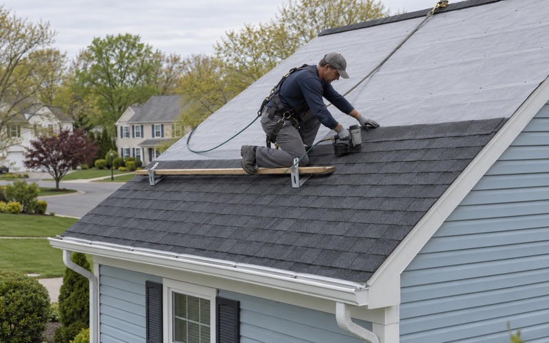 New architectural shingles nailed over fresh underlayment during a full roof replacement on a Brick Township colonial.
