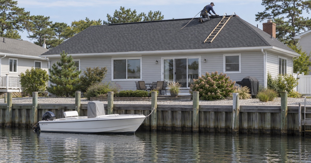 A roofer fitting a ridge vent along the top of a new roof on a lagoon-front ranch in Brick Township.