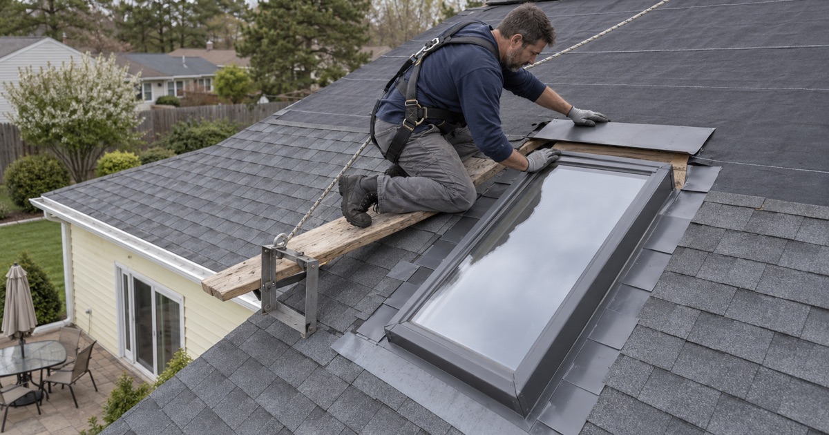 A new skylight being flashed into the rear slope of a Brick Township ranch.