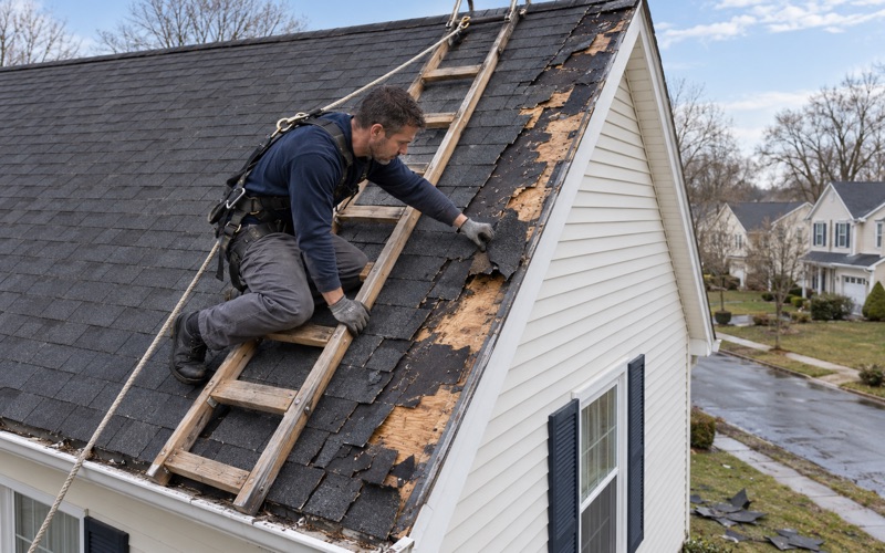 A roofer clearing wind-torn shingles from the rake edge of a Brick Township house after a nor'easter.