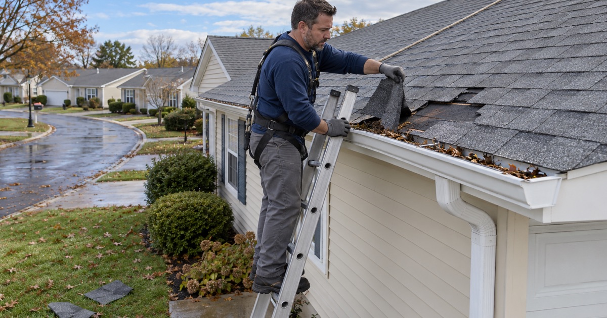 A roofer pulling a wind-torn shingle out of the gutter of a one-story house in a Brick Township adult community after a storm.