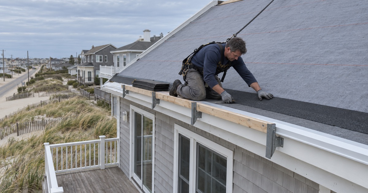 A starter strip set along the eave of a barrier-island beach house in Brick Township to hold the first shingle course against shore wind.